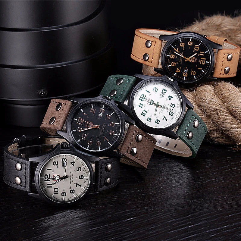 Herrenuhr Quarz – Militär-Style mit Lederarmband