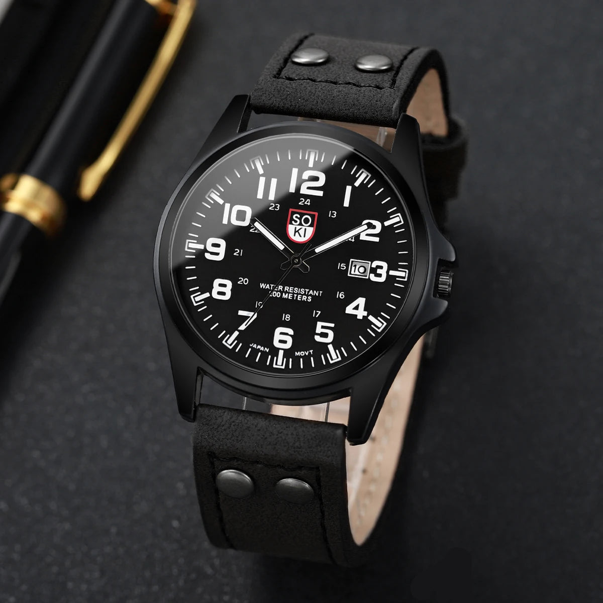Herrenuhr Quarz – Militär-Style mit Lederarmband