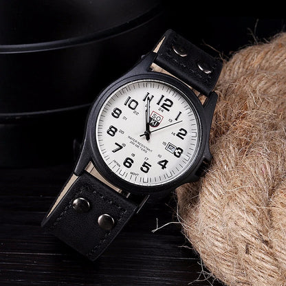 Herrenuhr Quarz – Militär-Style mit Lederarmband