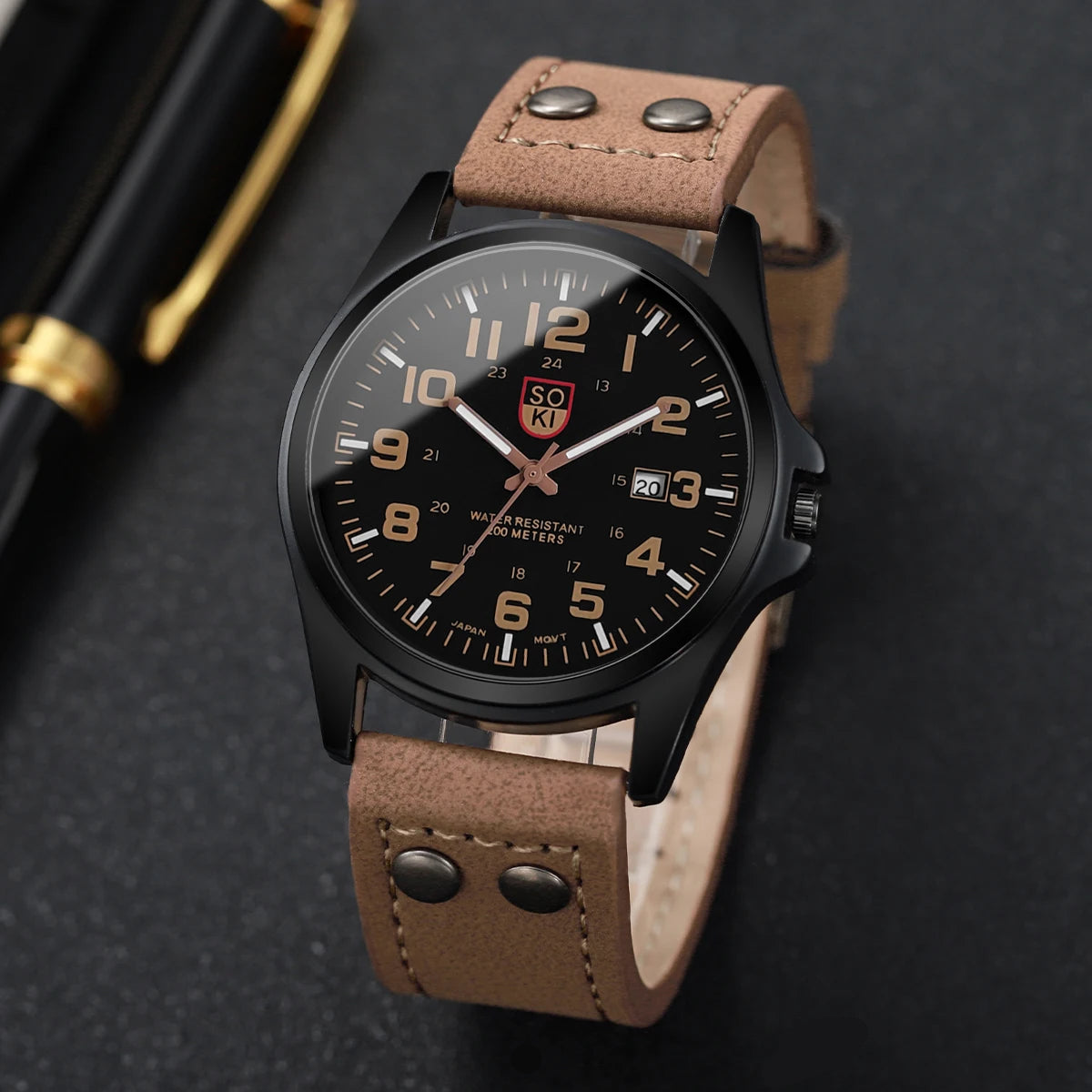 Herrenuhr Quarz – Militär-Style mit Lederarmband