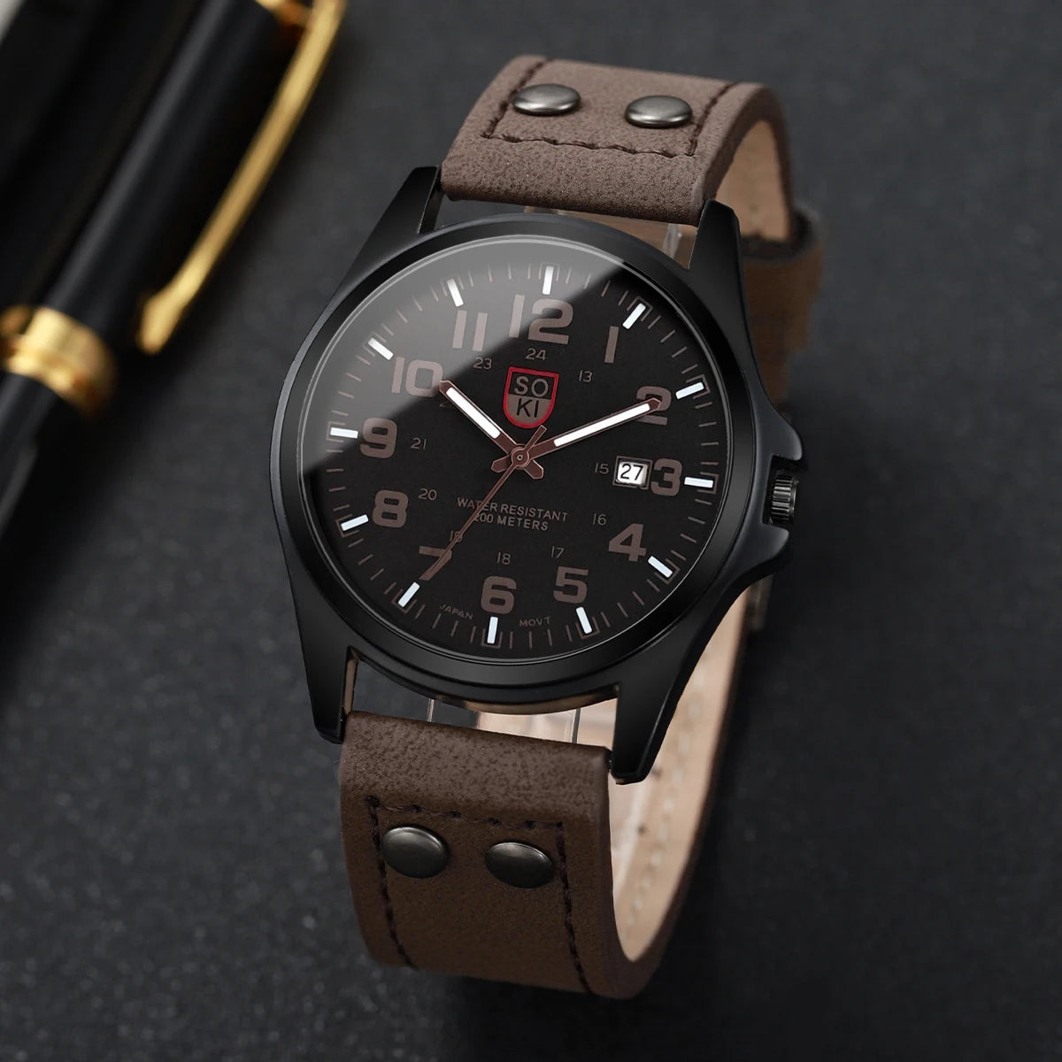 Herrenuhr Quarz – Militär-Style mit Lederarmband