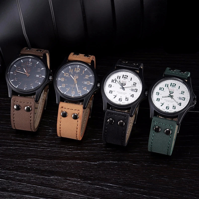 Herrenuhr Quarz – Militär-Style mit Lederarmband