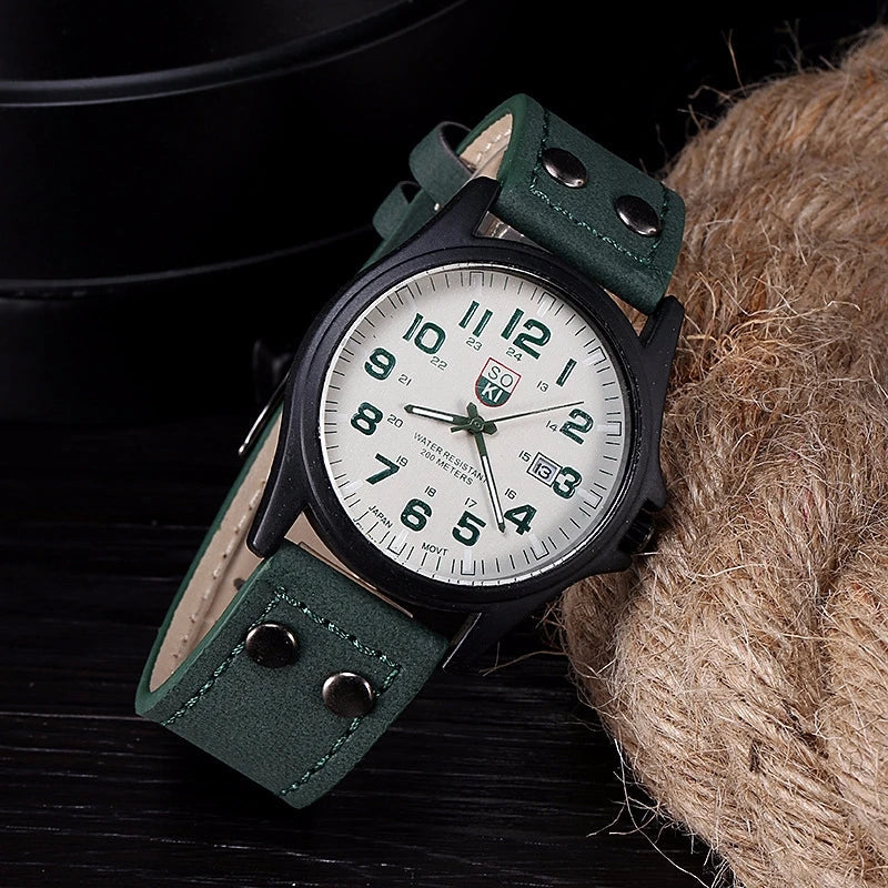 Herrenuhr Quarz – Militär-Style mit Lederarmband